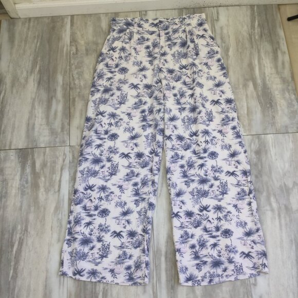 Abercrombie & Fitch Linen Blend Tropical Palm Tree Print Wide Leg Pant l - Picture 3 of 11